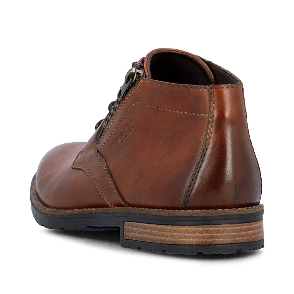 Rieker 14609-24 men's brown leather zip & lace chukka boots, rear three-quarter view.