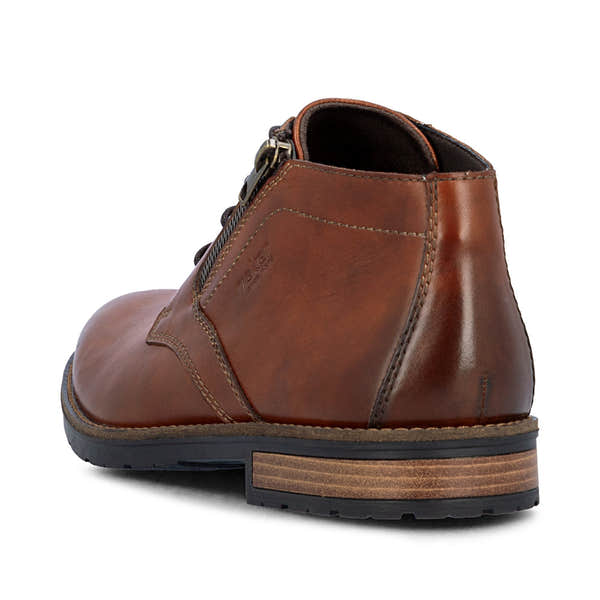 Rieker 14609-24 men's brown leather zip & lace chukka boots, rear three-quarter view.