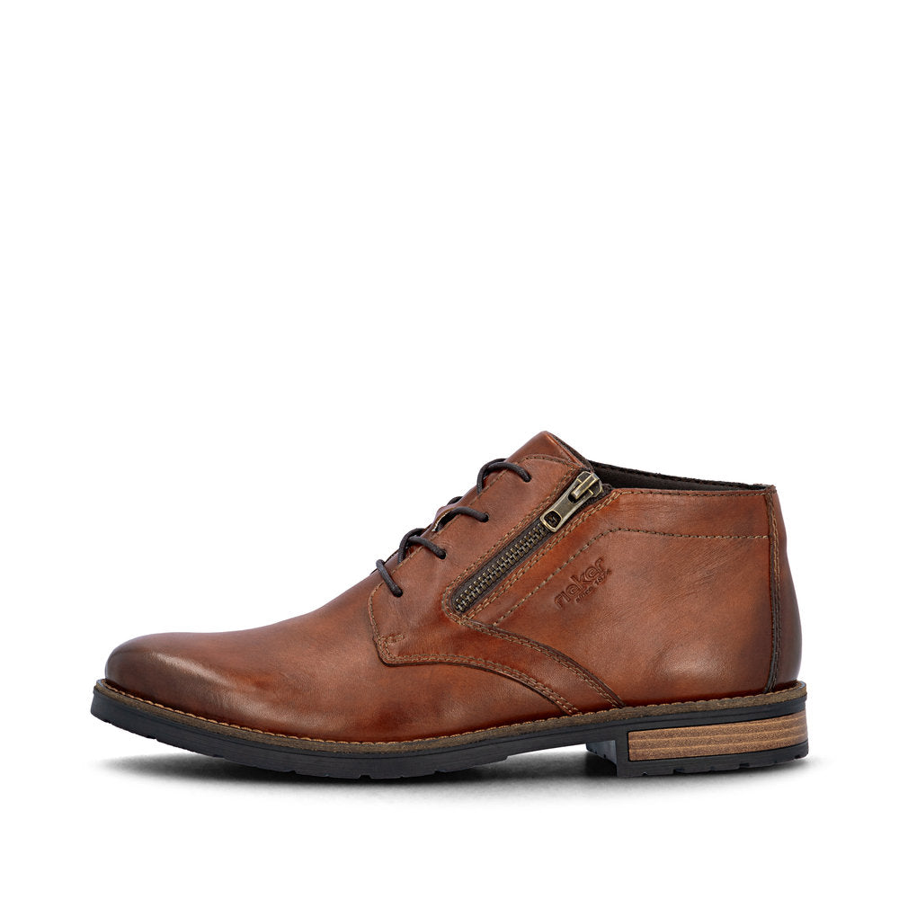 Rieker 14609-24 men's brown leather zip & lace chukka boots, inner side view.