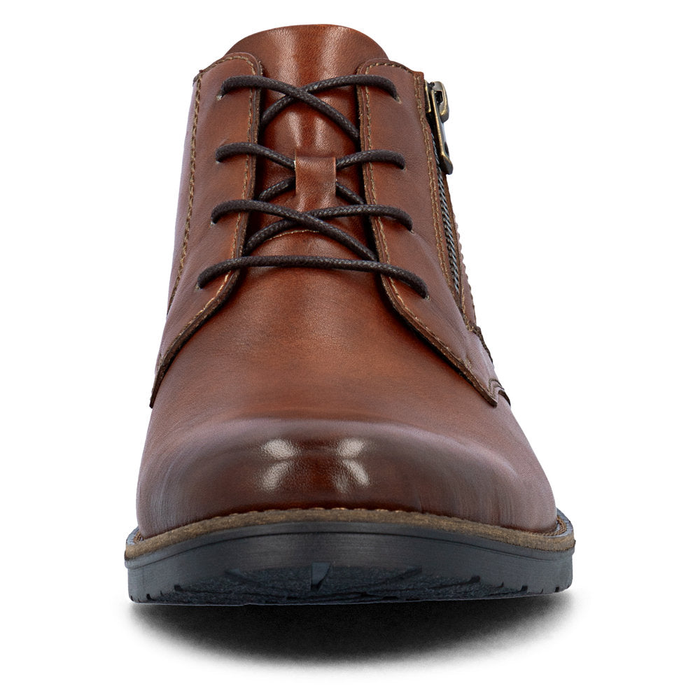 Rieker 14609-24 men's brown leather zip & lace chukka boots, front view.