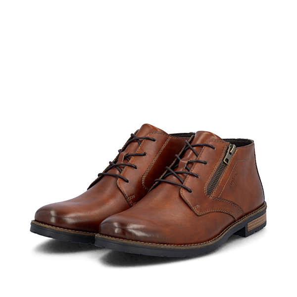 Rieker 14609-24 men's brown leather zip & lace chukka boots, paired three-quarter view.