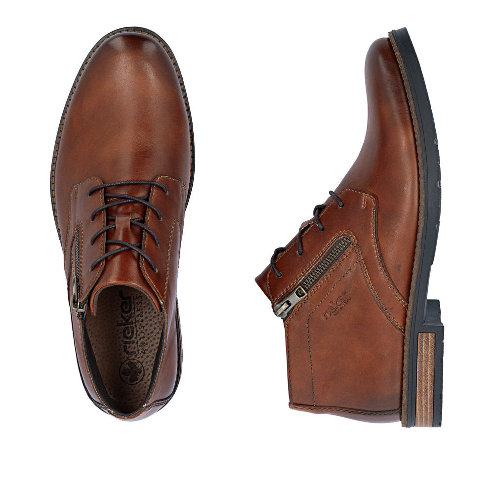 Rieker 14609-24 men's brown leather zip & lace chukka boots, two-angle product view.