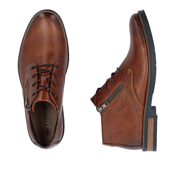 Rieker 14609-24 men's brown leather zip & lace chukka boots, two-angle product view.