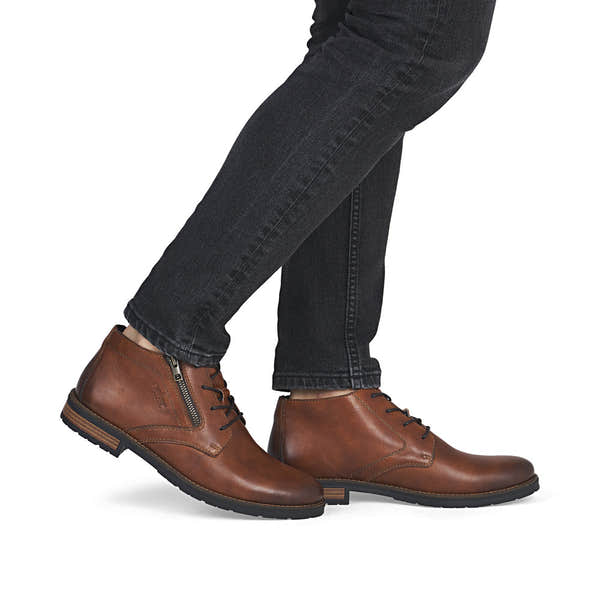 Rieker 14609-24 men's brown leather zip & lace chukka boots, on-foot lifestyle view.