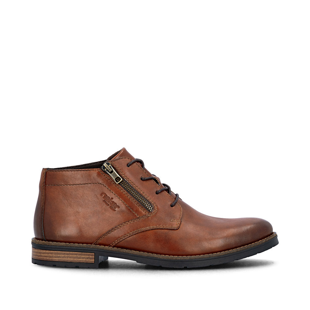 Rieker 14609-24 men's brown leather zip & lace chukka boots, opposite side view.