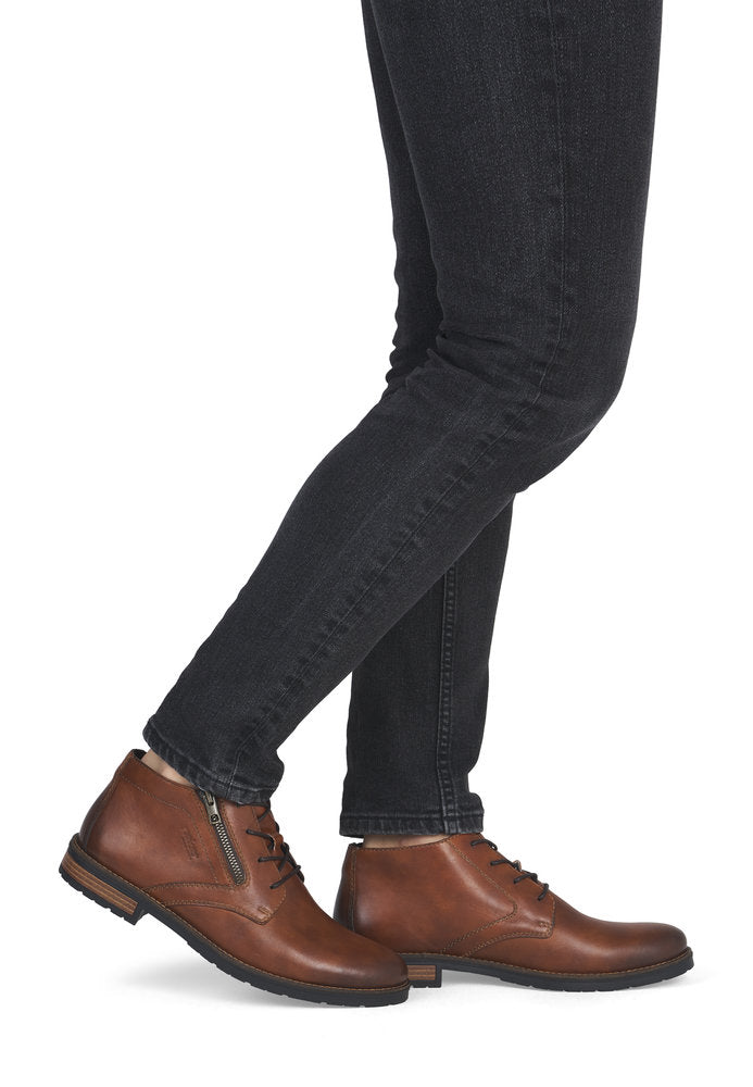 Rieker 14609-24 men's brown leather zip & lace chukka boots, on-foot lifestyle view.