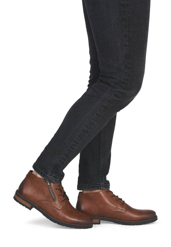 Rieker 14609-24 men's brown leather zip & lace chukka boots, on-foot lifestyle view.