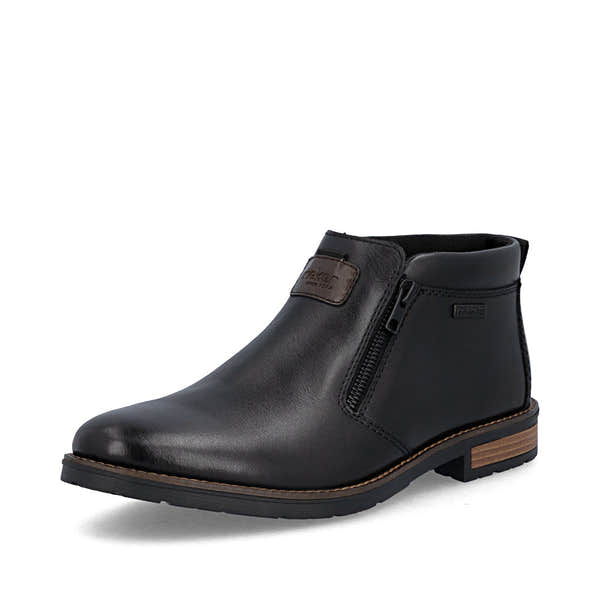 Rieker 14656-00 men's wide black leather water resistant side zip ankle boots, front three-quarter view.