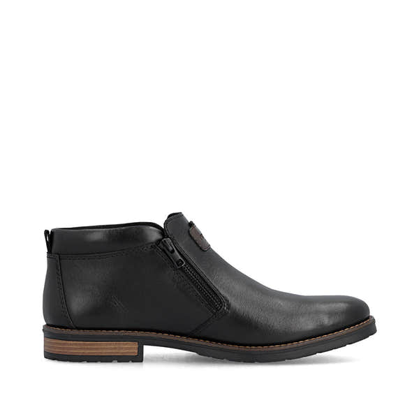 Rieker 14656-00 men's wide black leather water resistant side zip ankle boots, outer side view.