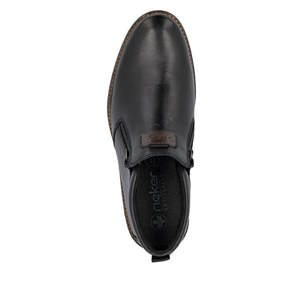 Rieker 14656-00 men's wide black leather water resistant side zip ankle boots, top view.