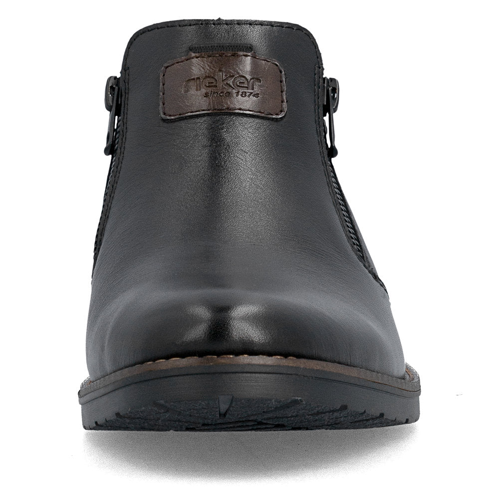 Rieker 14656-00 men's wide black leather water resistant side zip ankle boots, front view.