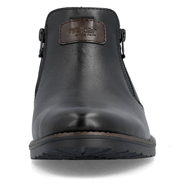Rieker 14656-00 men's wide black leather water resistant side zip ankle boots, front view.