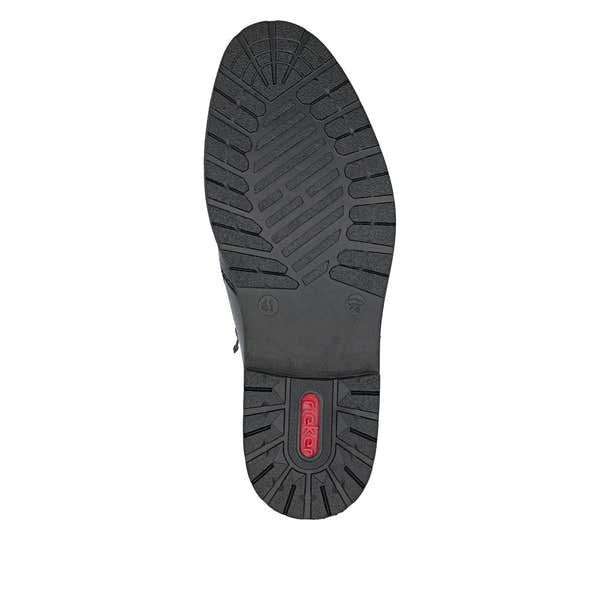 Rieker 14656-00 men's wide black leather water resistant side zip ankle boots, sole and tread view.