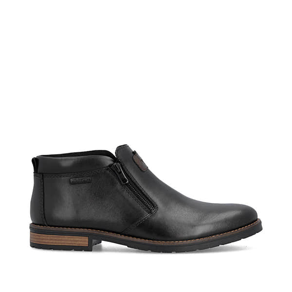 Rieker 14656-00 men's wide black leather water resistant side zip ankle boots, opposite side view.