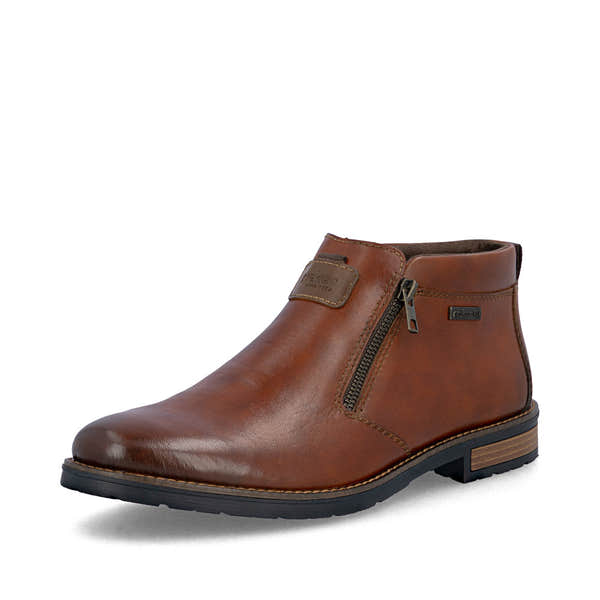 Rieker 14656-24 men's wide brown leather water resistant side zip ankle boots, front three-quarter view.