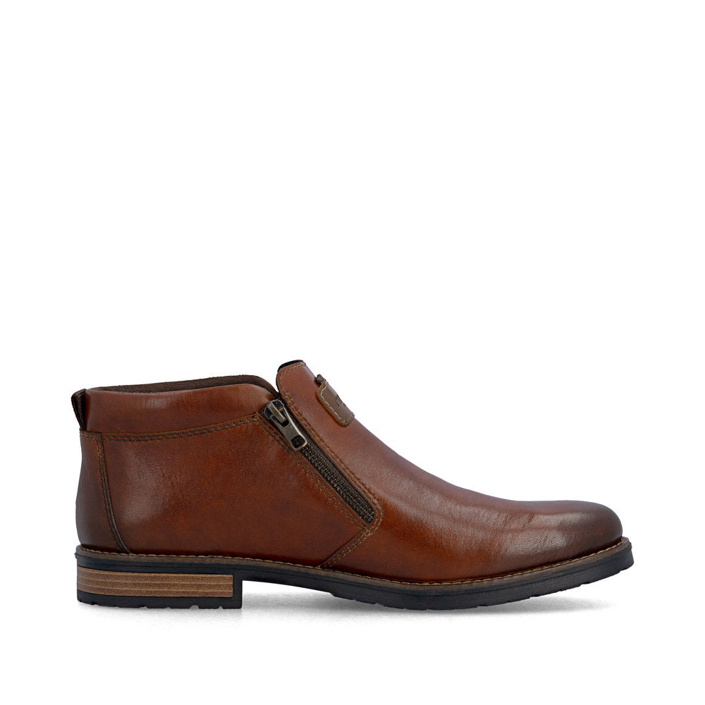 Rieker 14656-24 men's wide brown leather water resistant side zip ankle boots, outer side view.