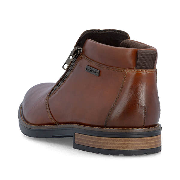 Rieker 14656-24 men's wide brown leather water resistant side zip ankle boots, rear three-quarter view.