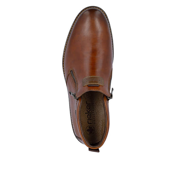 Rieker 14656-24 men's wide brown leather water resistant side zip ankle boots, top view.