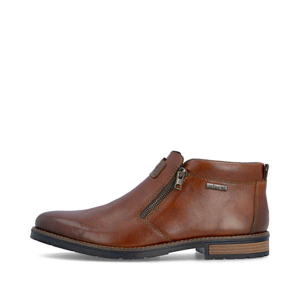 Rieker 14656-24 men's wide brown leather water resistant side zip ankle boots, inner side view.