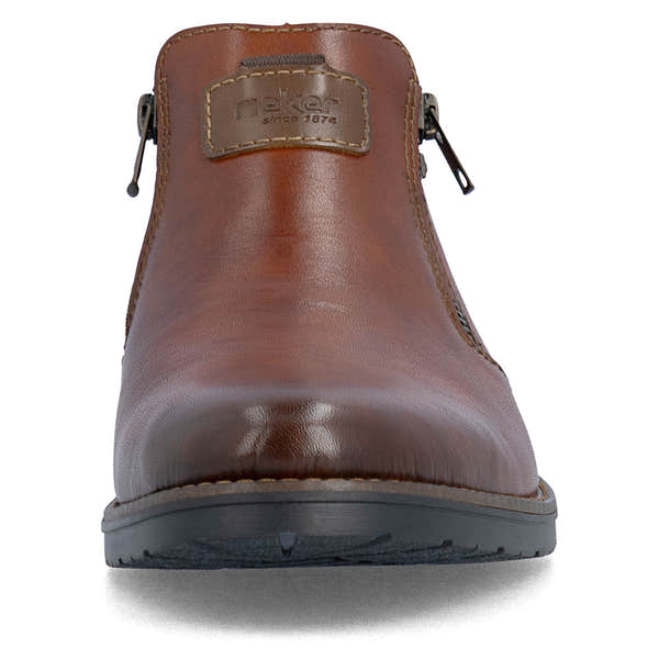 Rieker 14656-24 men's wide brown leather water resistant side zip ankle boots, front view.