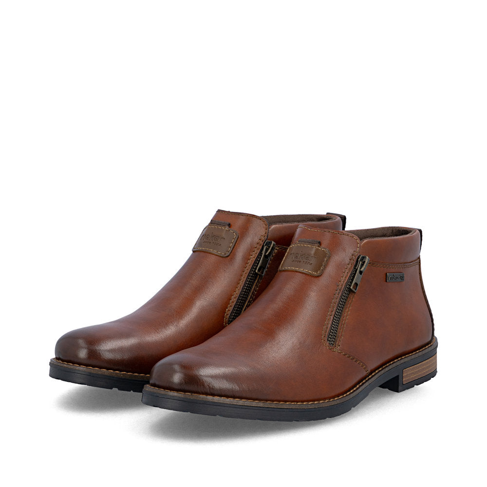 Rieker 14656-24 men's wide brown leather water resistant side zip ankle boots, paired three-quarter view.