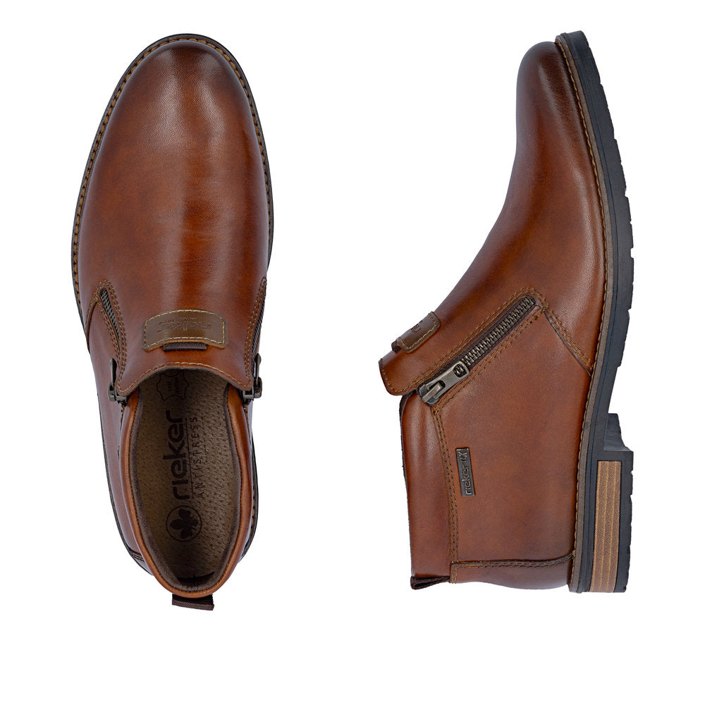 Rieker 14656-24 men's wide brown leather water resistant side zip ankle boots, two-angle product view.