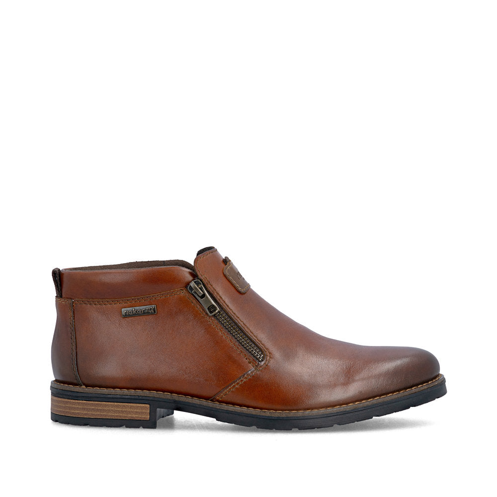 Rieker 14656-24 men's wide brown leather water resistant side zip ankle boots, opposite side view.