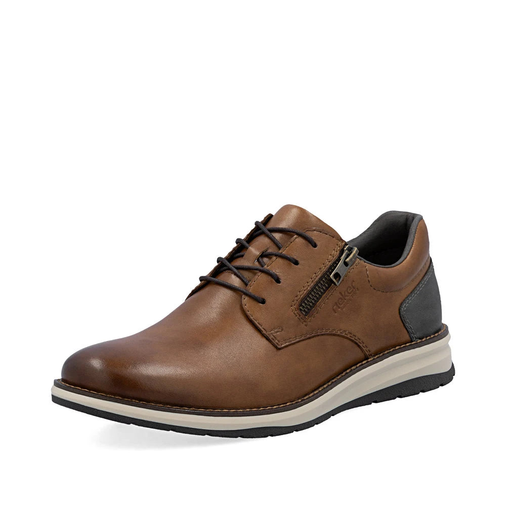 Rieker 14706-24 men's brown leather zip & lace shoes, front three-quarter view.