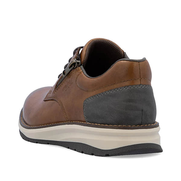 Rieker 14706-24 men's brown leather zip & lace shoes, rear three-quarter view.