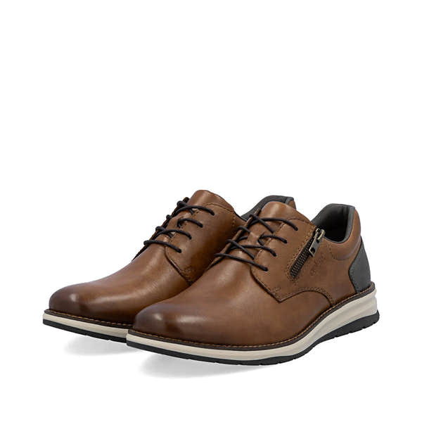 Rieker 14706-24 men's brown leather zip & lace shoes, paired three-quarter view.