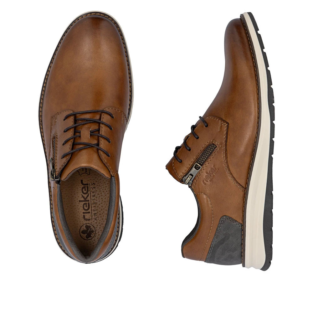 Rieker 14706-24 men's brown leather zip & lace shoes, two-angle product view.