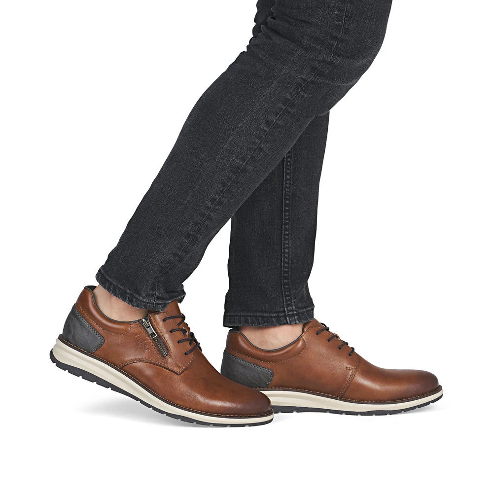 Rieker 14706-24 men's brown leather zip & lace shoes, on-foot lifestyle view.