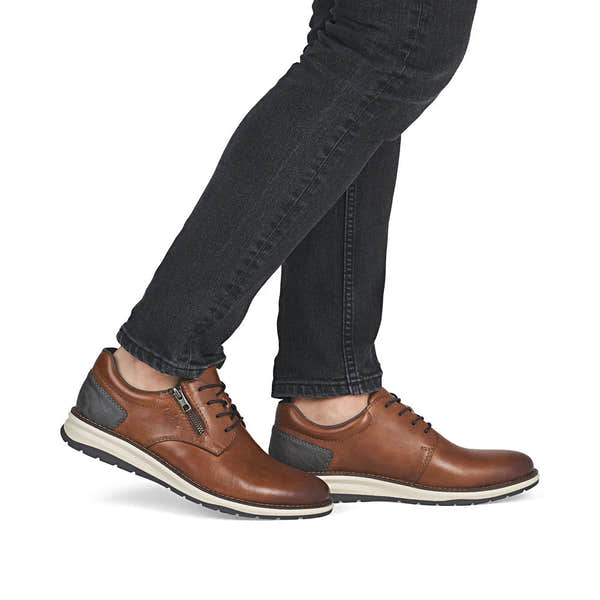 Rieker 14706-24 men's brown leather zip & lace shoes, on-foot lifestyle view.