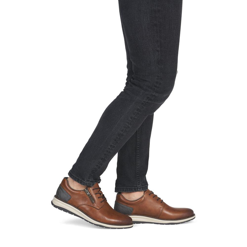Rieker 14706-24 men's brown leather zip & lace shoes, on-foot lifestyle view.