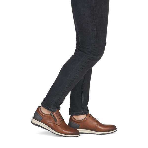 Rieker 14706-24 men's brown leather zip & lace shoes, on-foot lifestyle view.