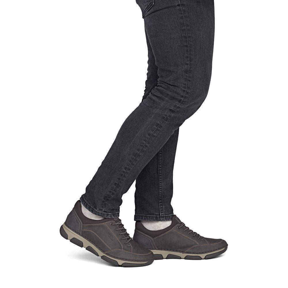 Rieker 15950-25 men's wide grey elasticated shoes, on-foot lifestyle view.