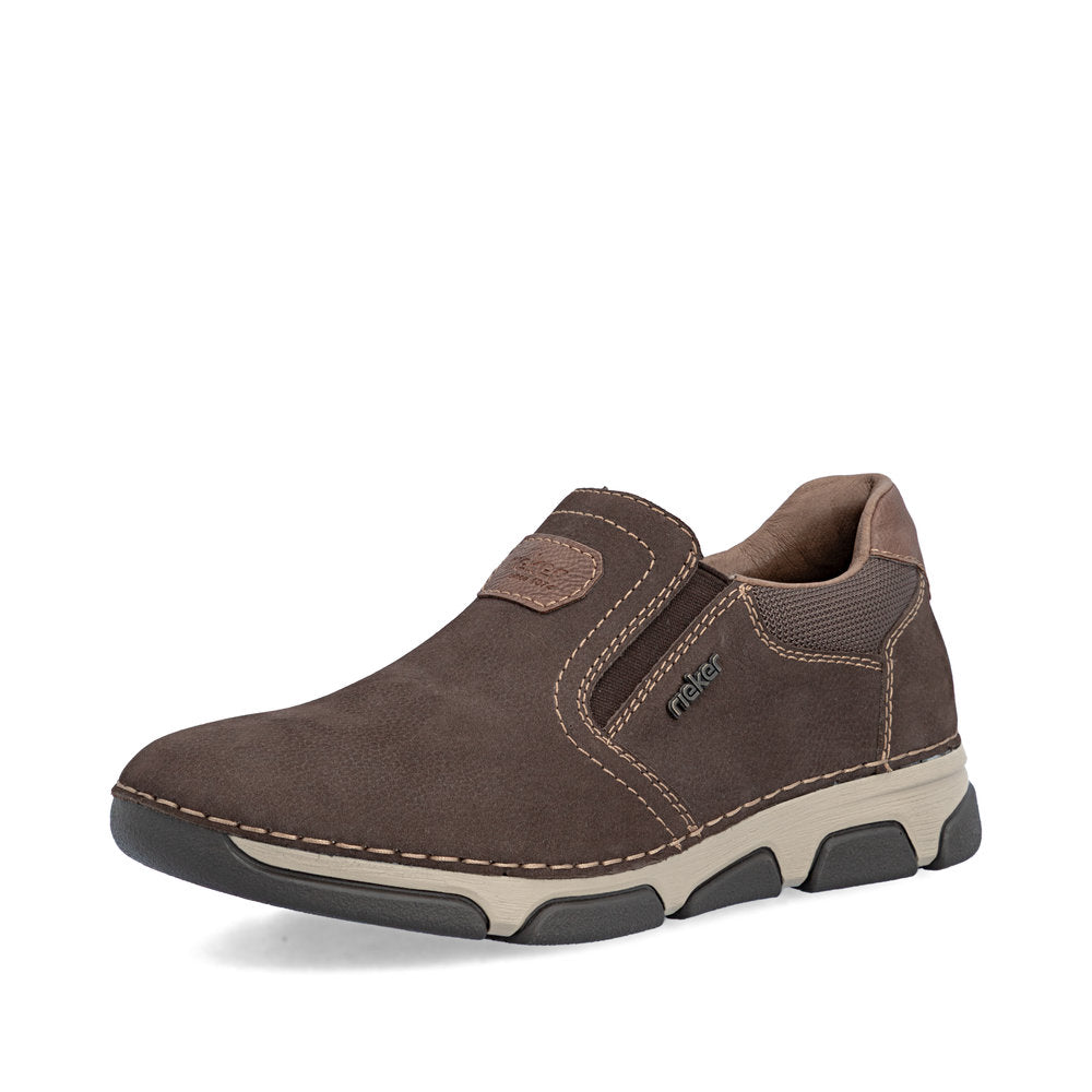Rieker 15951-25 men's wide brown suede elasticated shoes, front three-quarter view.