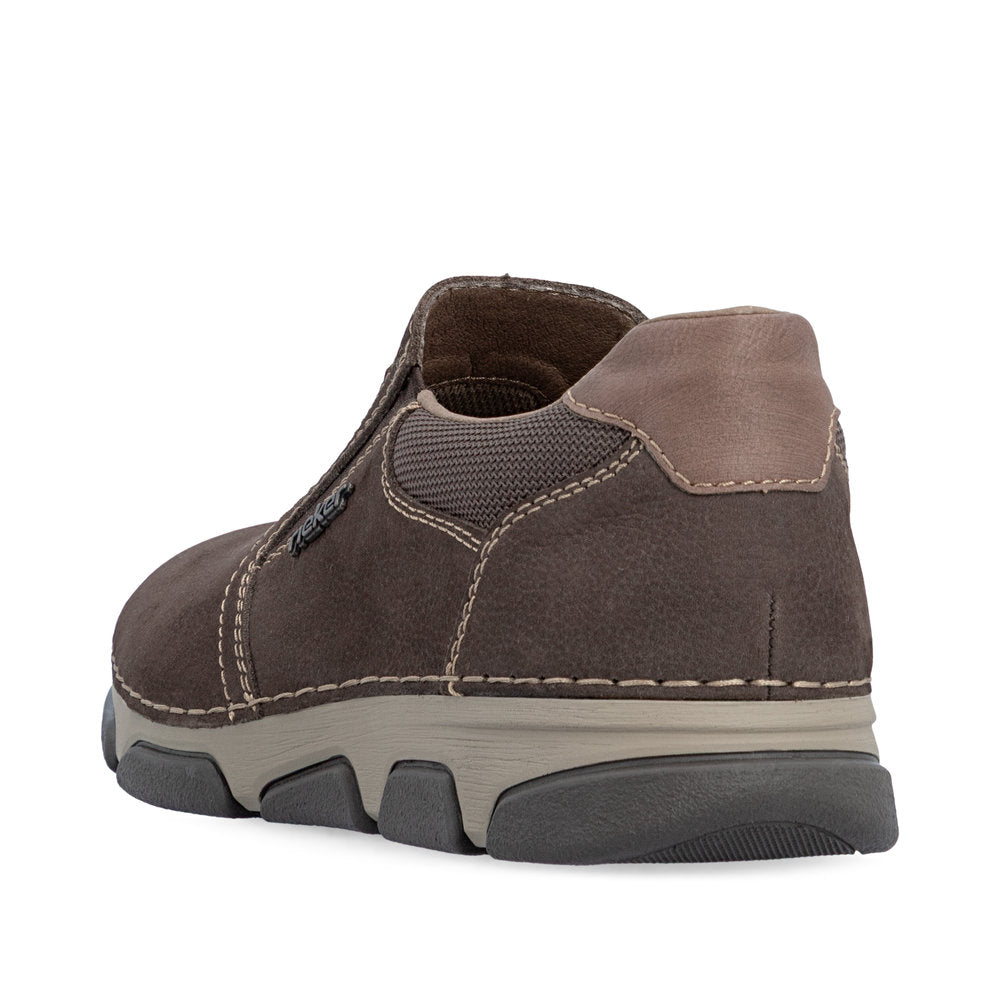 Rieker 15951-25 men's wide brown suede elasticated shoes, rear three-quarter view.