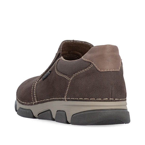 Rieker 15951-25 men's wide brown suede elasticated shoes, rear three-quarter view.