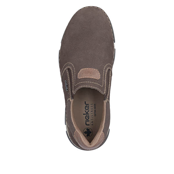 Rieker 15951-25 men's wide brown suede elasticated shoes, top view.