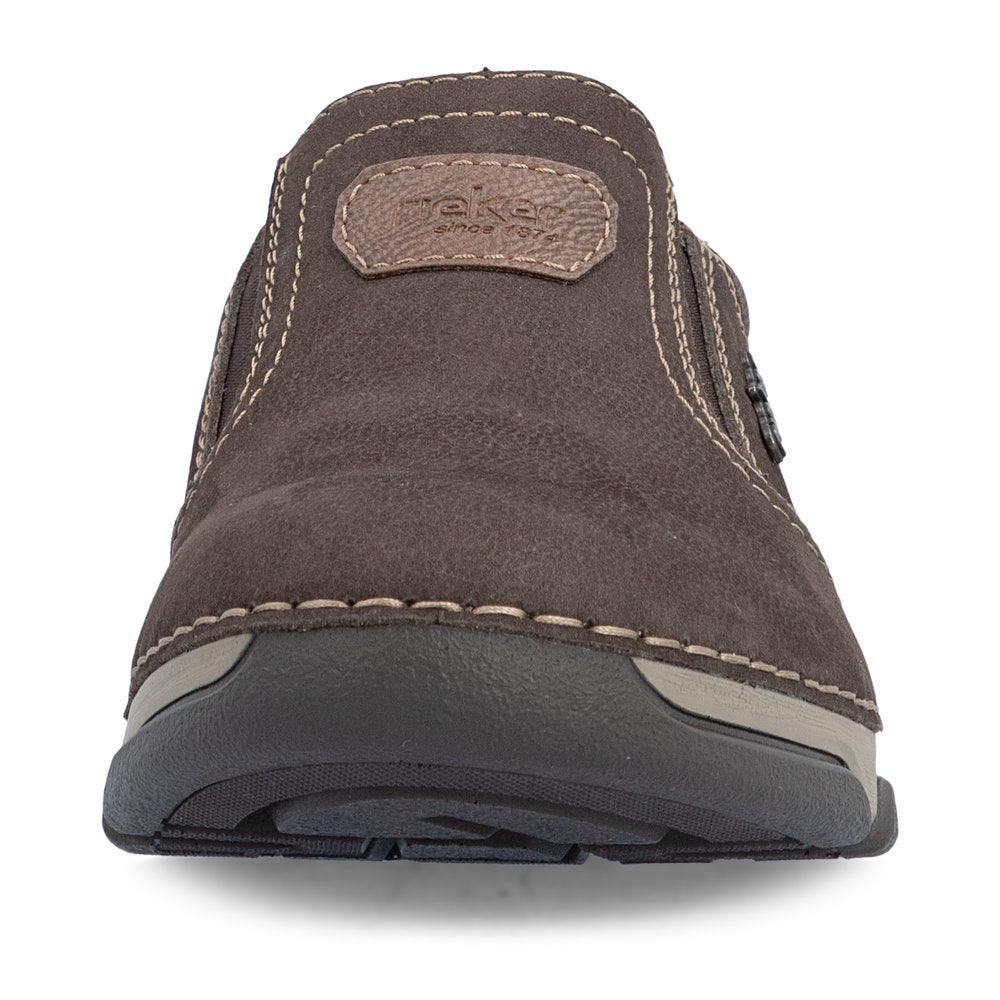 Rieker 15951-25 men's wide brown suede elasticated shoes, front view.