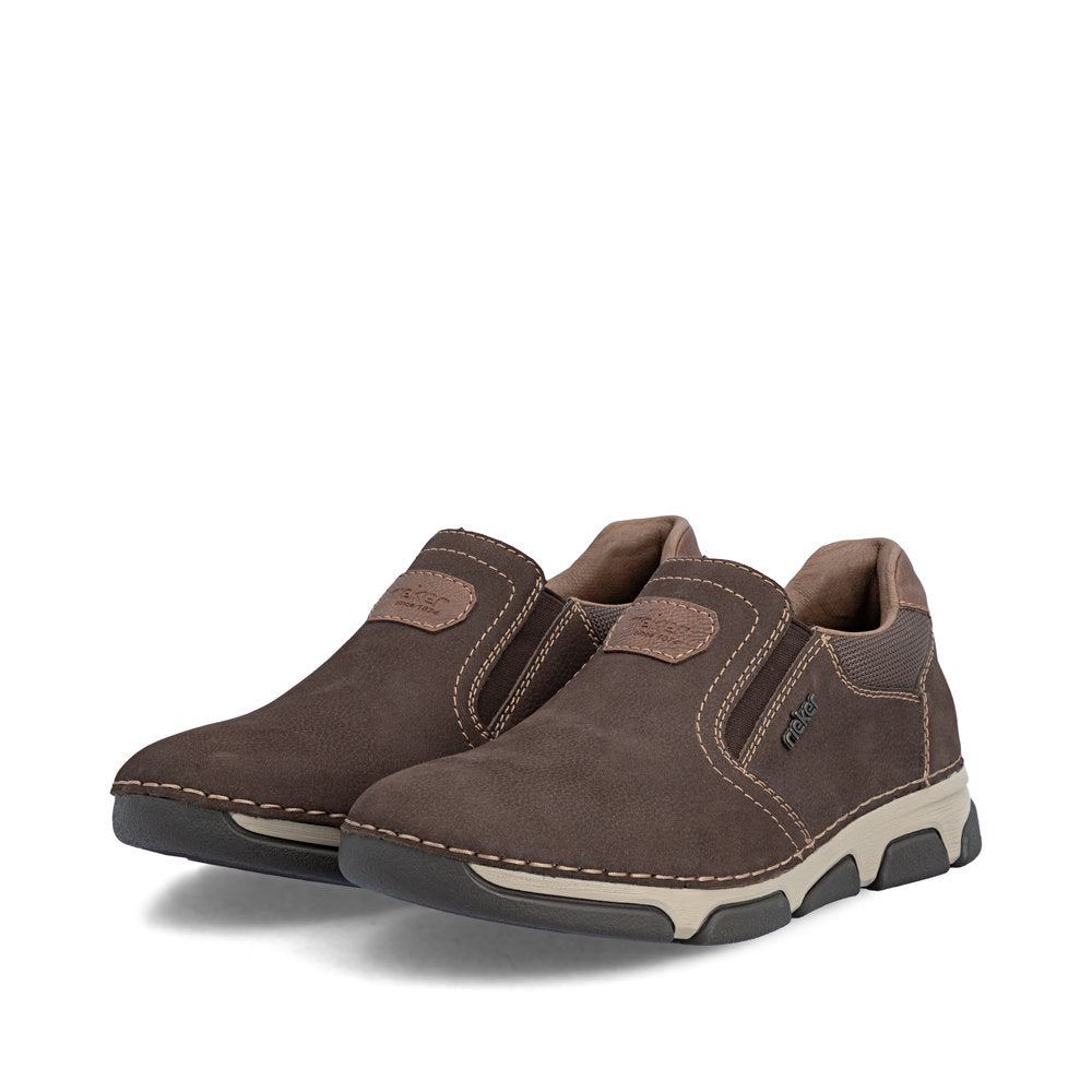Rieker 15951-25 men's wide brown suede elasticated shoes, paired three-quarter view.