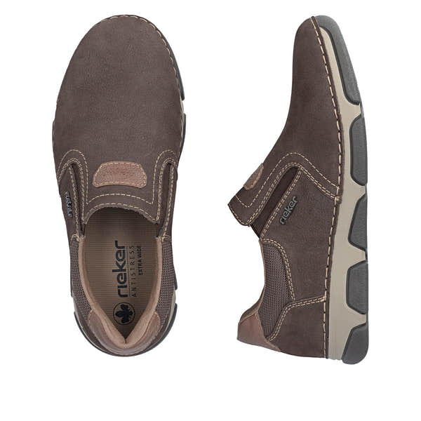 Rieker 15951-25 men's wide brown suede elasticated shoes, two-angle product view.