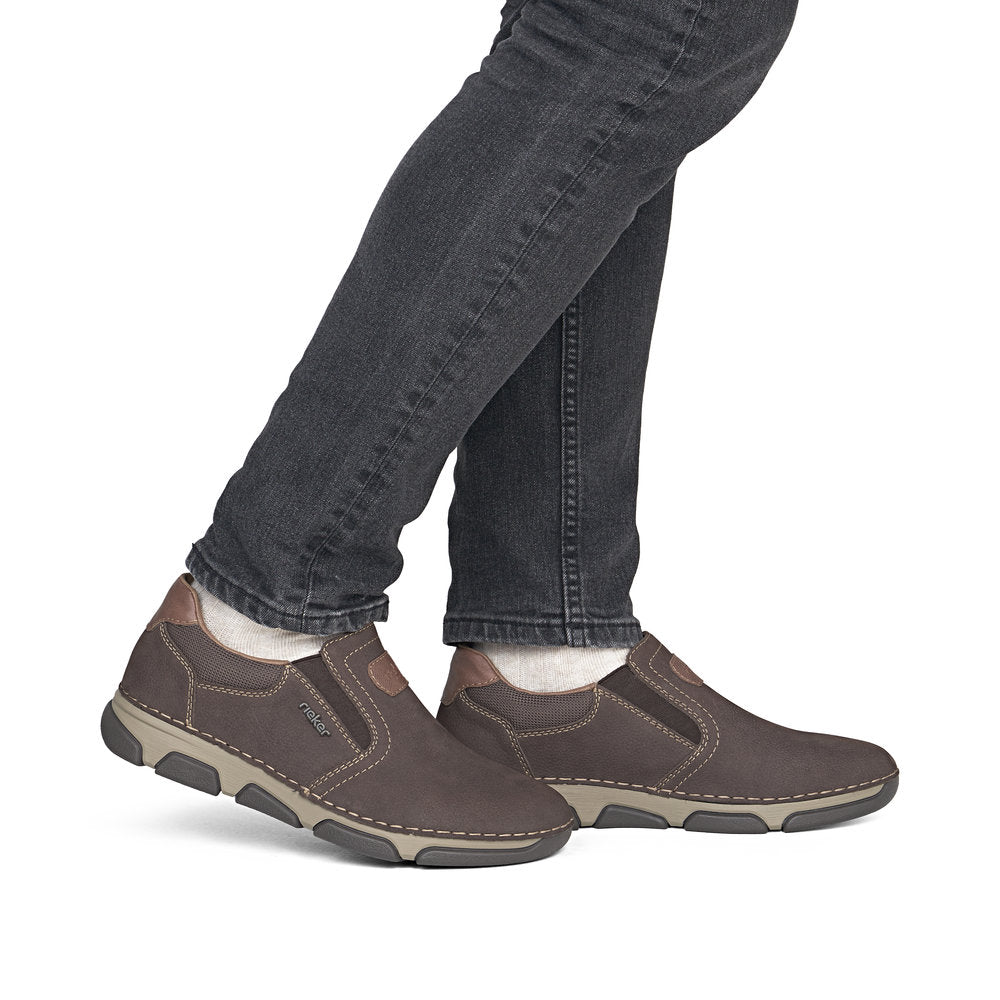 Rieker 15951-25 men's wide brown suede elasticated shoes, on-foot lifestyle view.