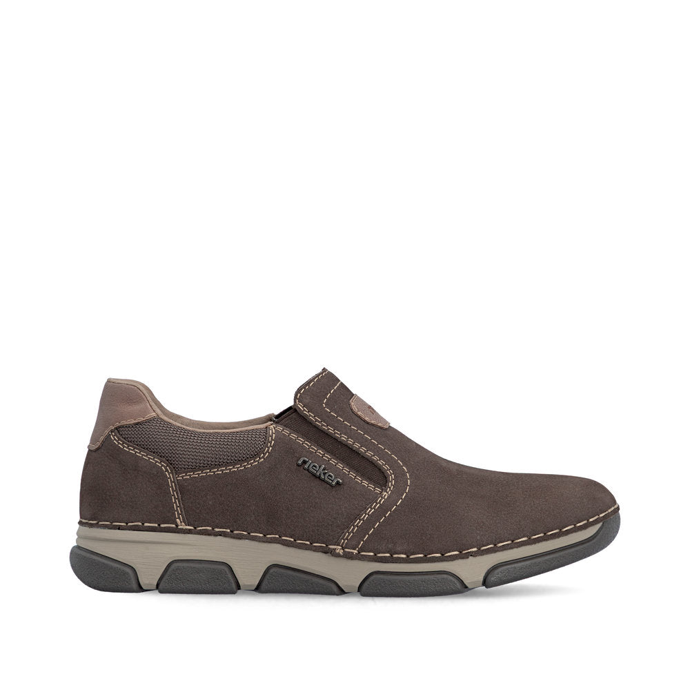 Rieker 15951-25 men's wide brown suede elasticated shoes, opposite side view.