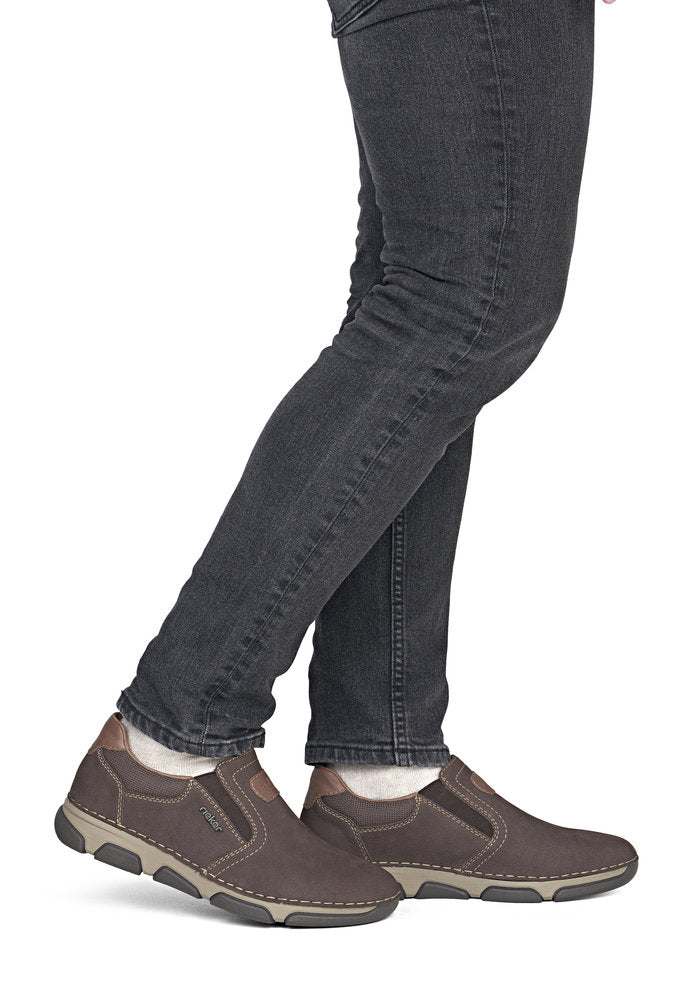 Rieker 15951-25 men's wide brown suede elasticated shoes, on-foot lifestyle view.