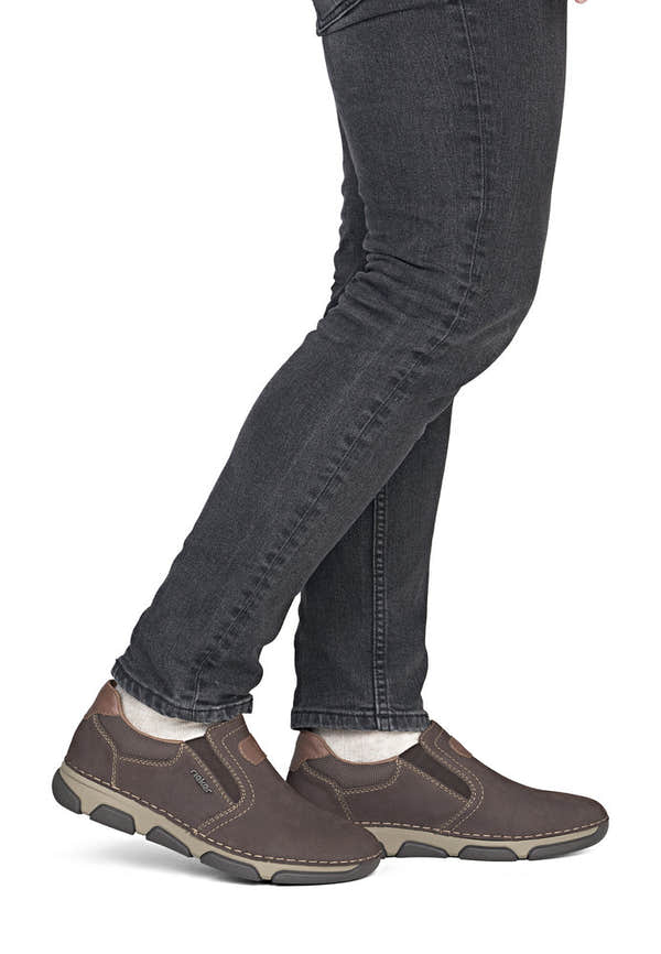 Rieker 15951-25 men's wide brown suede elasticated shoes, on-foot lifestyle view.