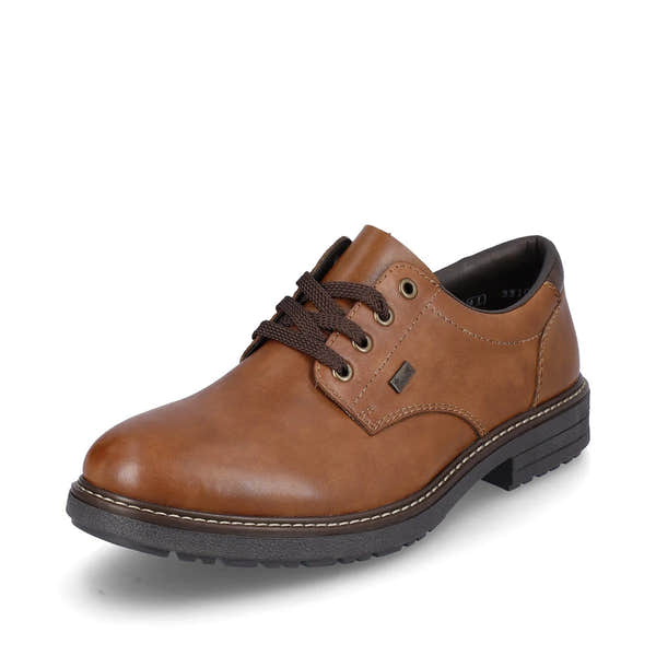 Rieker 33101-24 men's brown leather water resistant lace up shoes, front three-quarter view.