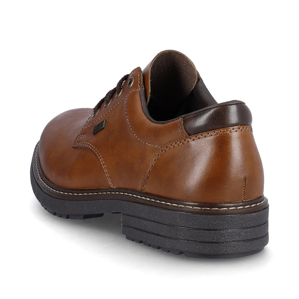 Rieker 33101-24 men's brown leather water resistant lace up shoes, rear three-quarter view.