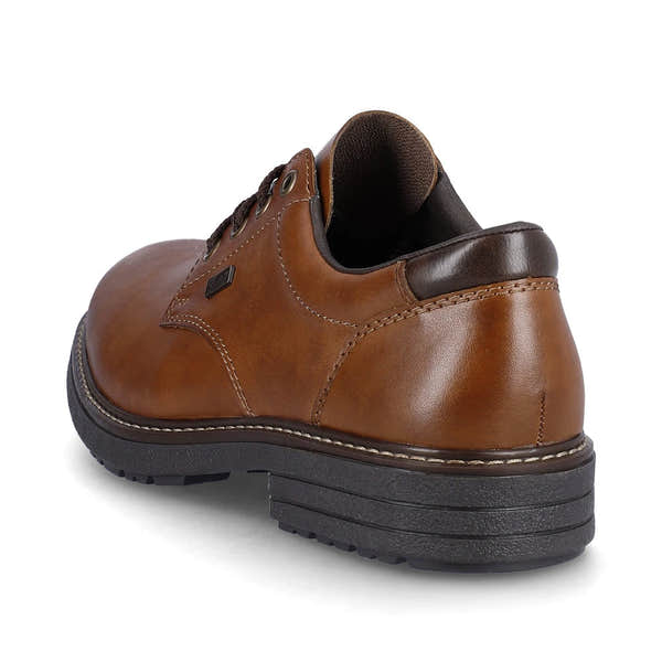 Rieker 33101-24 men's brown leather water resistant lace up shoes, rear three-quarter view.